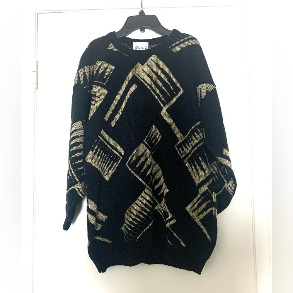 New Vintage Ellen D Collection Abstract Sweater Mini Dress Black Gold Large - Picture 2 of 9